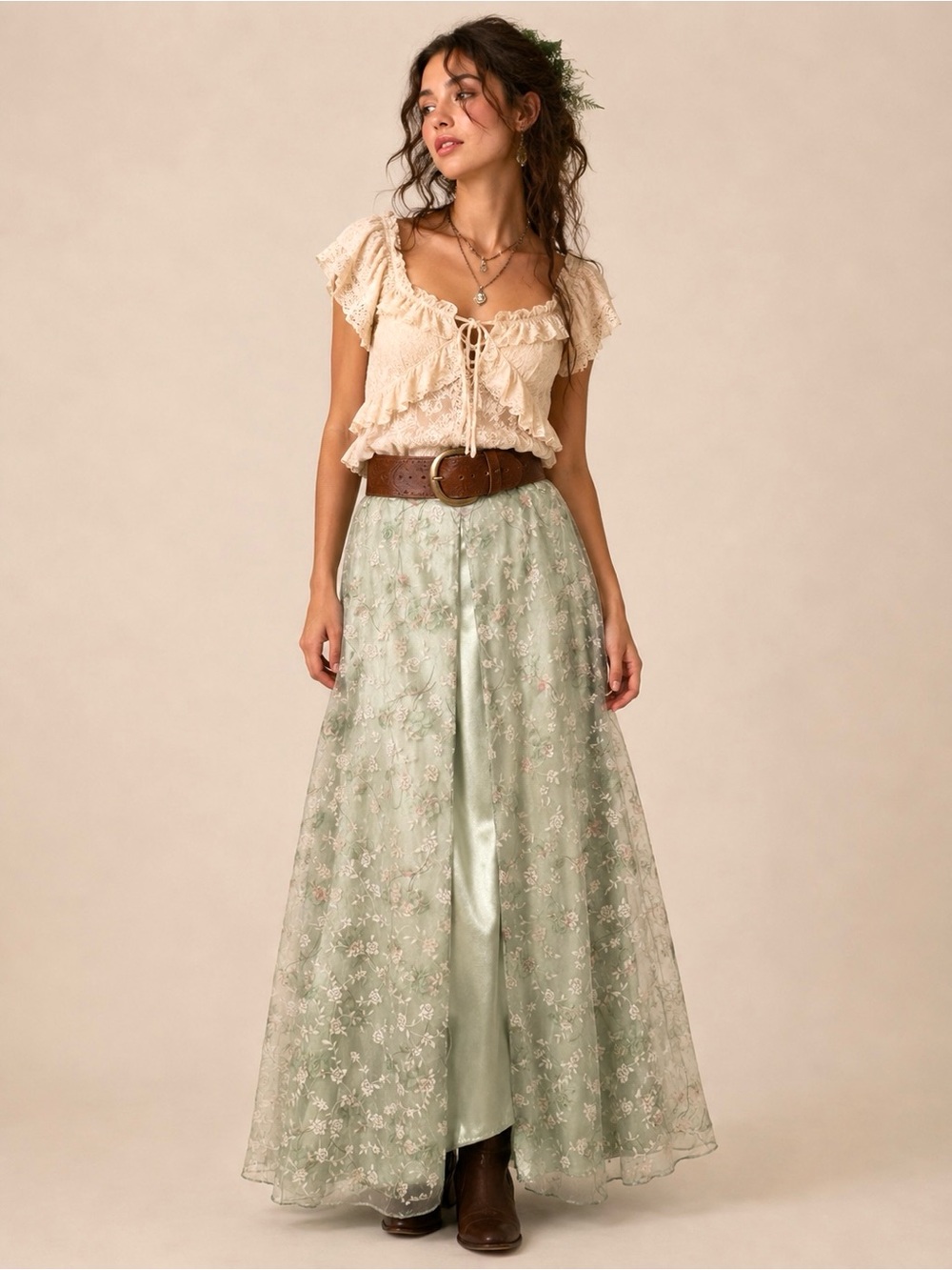 Fairycore Goblincore Maxi Skirt Satin Floral Organza Princess Earthy Hobbit Y2K
